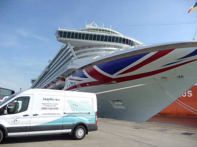 One of our Mobility at Sea vans by the dockside, with a P&O cruise ship in background