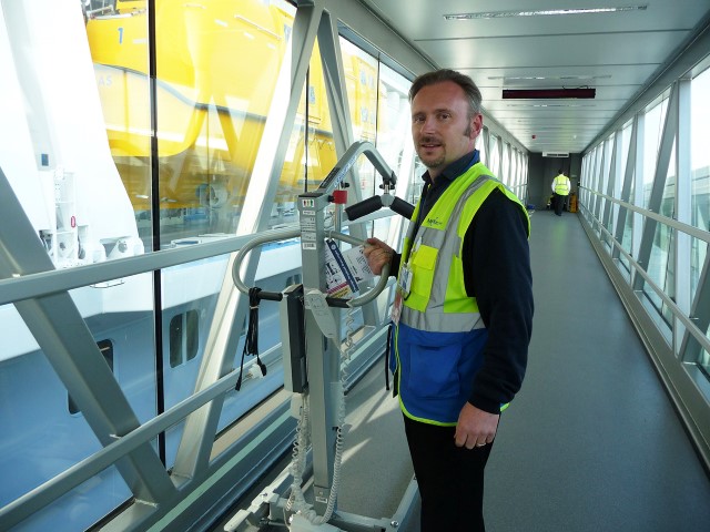 One of our technicians delivering a hoist using an air bridge at Southampton Cruise Terminal